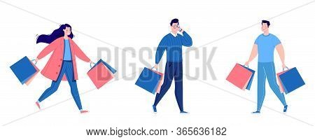 Set Of People Shopping. People With Packages And Shopping. Men And Women, Vanity, Sale. Vector. Illu