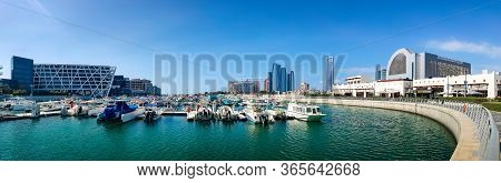Abu Dhabi, United Arab Emirates - January 27, 2020: Al Marasy Marina With Luxury Yachts And Abu Dhab