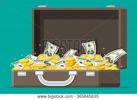 Open Leather Suitcase Full Of Money. Stacks Of Dollar Banknotes And Golden Coins In Case. Symbol Of 
