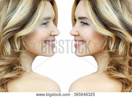 Comparison Portrait Of Adult Woman With And Without Makeup. Isolated On White Background.