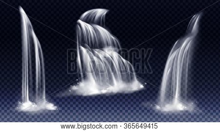 Waterfalls Isolated On Transparent Background. Vector Realistic River Water Fall With Cascade, Splas