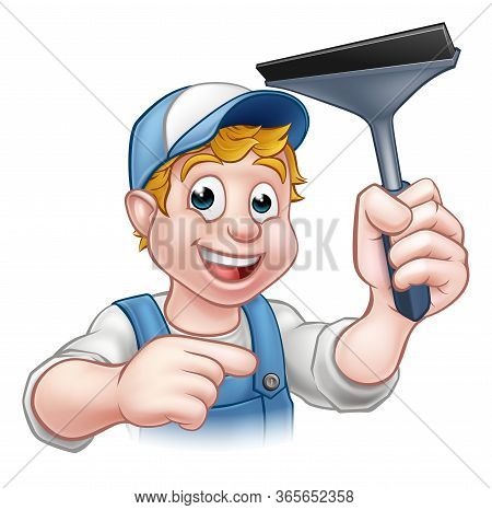 A Handyman Window Cleaner Cartoon Character Holding A Squeegee And Pointing