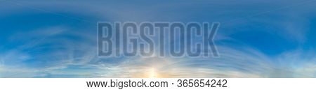Sky 360 With Clouds And Sun. Image With 3d Spherical Panorama With 360 Degree Viewing Angle. Ready F