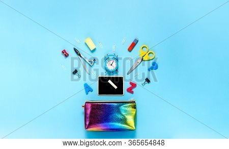 Back To School Concept Notepad, Pencil Case And Stationery And School Supplies. Top Horizontal View 