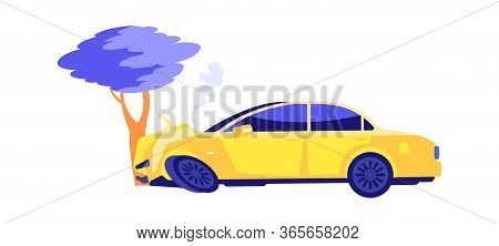 Car Crash. Auto Crashed Into Tree. Automobile Smoke, Accident On Nature. Broken Transport Vector Ill