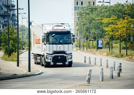 Strasbourg, France - May 9, 2020: Front View Of Renault Truck Driving Fast On An Empty Highway At Th