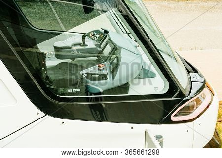 Strasbourg, France - May 9, 2020: Interior View Of Alstom Tramway Cockpit Withy Multiple Knobs And L