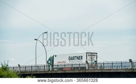 Strasbourg, France - May 9, 2020: Low Angle Telephoto View Fo Gartner Thermo Express Truck Driving O