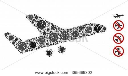 Mosaic Aiplane Constructed From Sars Virus Elements In Different Sizes And Color Hues. Vector Pathog