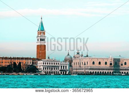 Seaview Of Piazza San Marco And The Doge's Palace In The Winter, Venice, Italy. Teal And Orange Filt