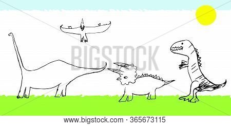 Set Of Dinosaurs Pterodactyl, Tyrannosaurus, Triceratops, Diplodocus On The Lawn Under The Sun. Vect