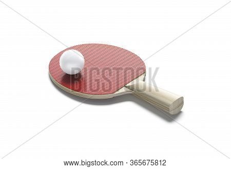 Blank Red Wood Table Tennis Racket With Ball Mockup, Isolated, 3d Rendering. Empty Sporty Texture De