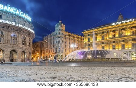 Genoa, Liguria Region, Italy, Europe - 12 June 2018: Piazza De Ferrari Is The Main Square In Genoa. 