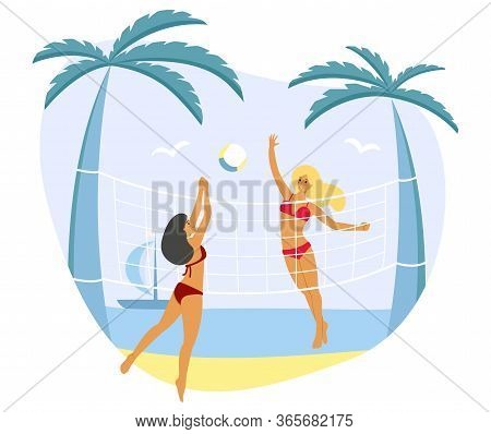 Group Of Girls In Swimsuit Playing In Volleyball On The Summer Beach - Flat Cartoon Vector Stock Ill