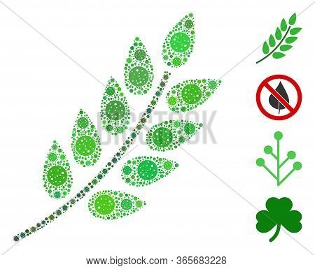 Collage Leaf Branch Composed Of Sars Virus Elements In Various Sizes And Color Hues. Vector Pathogen