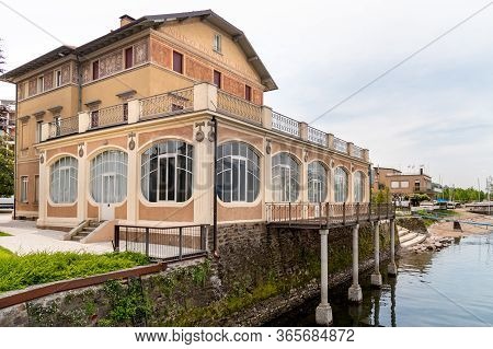 Luino, Lombardy, Italy - May 8, 2020: View Of Verbania Palace On The Coast Of Lake Maggiore, A Place