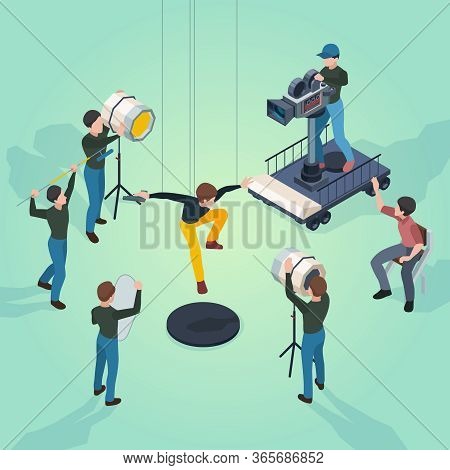 Movie Set. Film Makers Director Actors And Technical Staff Working Video Production Process Cameras 
