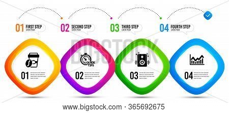 Quick Tips, Takeaway Coffee And Speakers Icons Simple Set. Timeline Infographic. Infochart Sign. Hel
