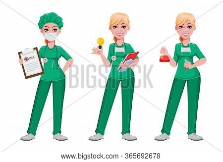 Beautiful Woman Doctor, Set Of Three Poses. Female Medical Doctor Or Nurse Cartoon Character Holding
