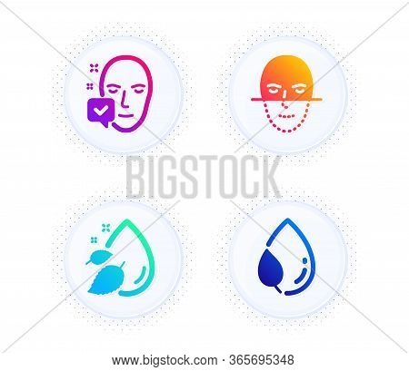 Water Drop, Face Recognition And Face Accepted Icons Simple Set. Button With Halftone Dots. Leaf Dew