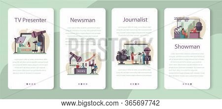 Tv Presenter Mobile Application Banner Set. Television Host In Studio.