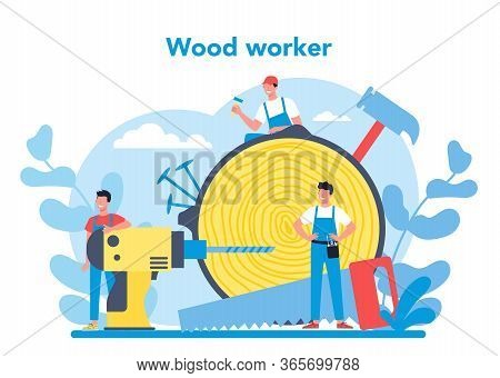 Woodworker Or Carpenter Concept. Builder Wearing Helmet And Overalls