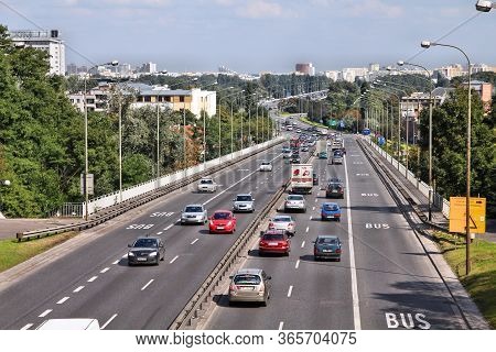 Warsaw, Poland - September 8, 2010: Heavy Freeway Traffic In Warsaw, Poland. European Road E30 (nati