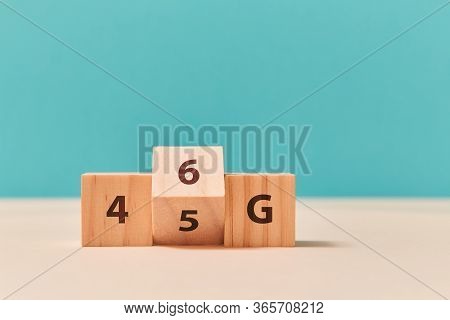 4g, 5g Or 6g Generation Of Wireless Mobile Telecommunications. Network Technology. Wooden Cubes, Let