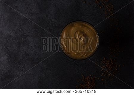 Cold Dalgon Coffee Is A Fashionable Korean Drink. Dark Background, View From Above.