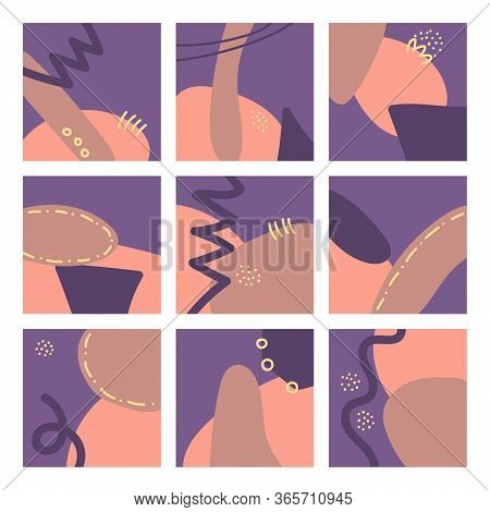 Set Of Nine Abstract Isolated Backgrounds. Hand Drawn Various Shapes And Doodle Objects. Modern Cont