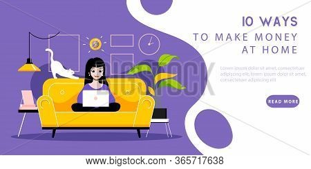 Work From Home Concept. Website Landing Page. Woman Freelancer Works On Laptop. Remote Working Place