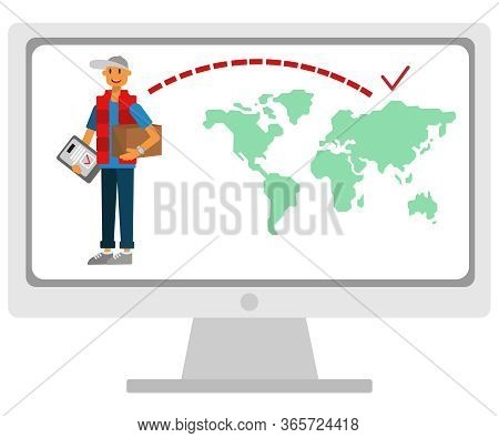Happy Courier Delivery Around The World On Time On Map Background Vector, Flat Style