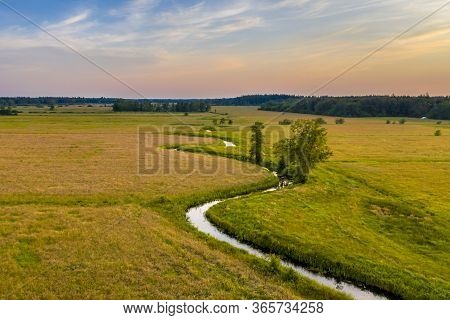 Aerial View Of Meandering Lowland River Koningsdiep Near Beetsterzwaag In The Netherlands