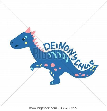 Cartoon Dinosaur Deinonychus. Cute Dino Character Isolated. Playful Dinosaur Vector Illustration On 