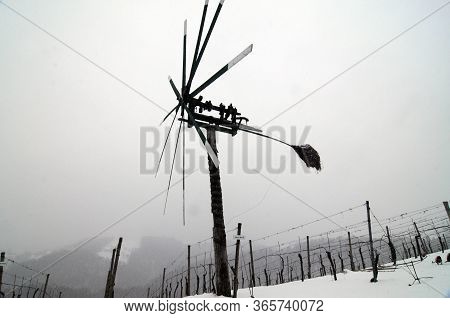 Klopotec Bird Scarer In Austrian Vineyard In Winter