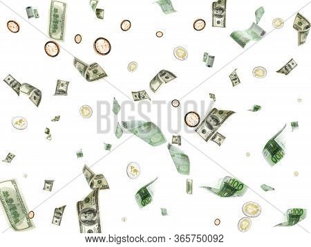 Euro Banknote Isolated. American Cash, Bitcoins Falling Background. European Money Cryptocash Bill