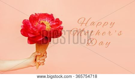 Happy Mothers Day Postcard, Red Peony In Waffle Cone In Baby Hand