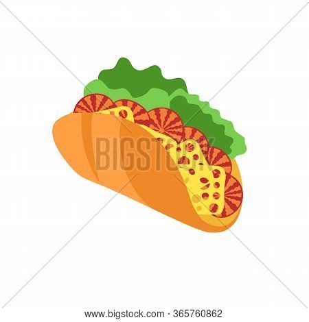 Mexican Food Tacos With Vegetables, Salad, Cheese And Tomatoes. Vector