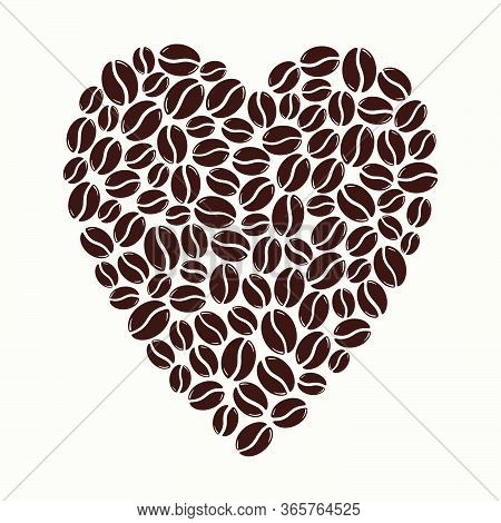 Group Of Roasted Coffee Beans Forming A Heart, Love Caffeine Symbol. Hand Drawn Graphic Vector Illus