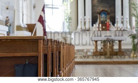 Ludza, Latvia - May 3 , 2020: The Roman Catholic Church In Ludza, Latvia. Deatail Of The Interior Of