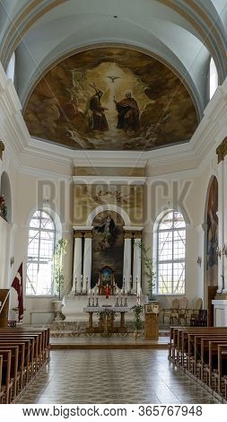 Ludza, Latvia - May 3 , 2020: The Roman Catholic Church In Ludza, Latvia. Deatail Of The Interior Of