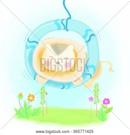 Cute Lion Playing Swing Illustration, Design Vector