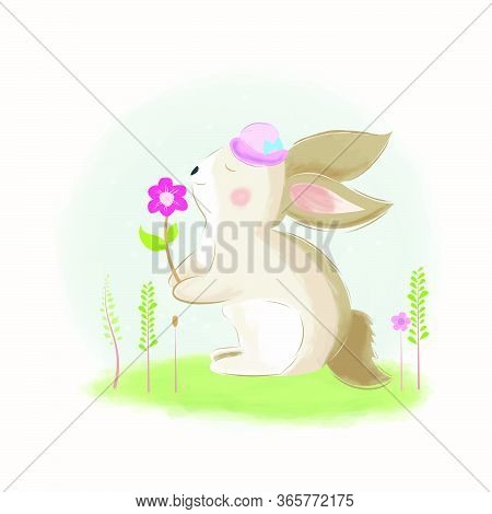 Cute Rabbit Found A Flower Design Illustration