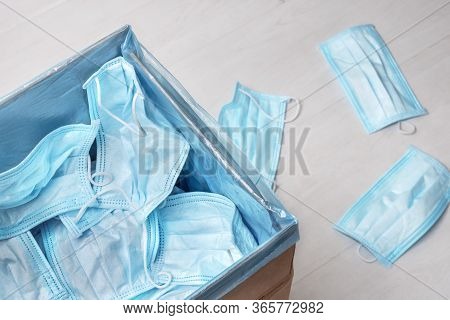Used Hygienic Mask In Trash Bin, Infectious Waste, Prevented Virus Covid-19 By Separating Infected W