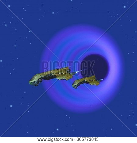 Cosmic Wormhole 3d Illustration - Two Spacecraft Come Through A Wormhole In Space On Their Journey T