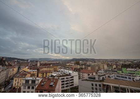 Aerial Panorama Of Brno, Czech Republic, With A Focus On A Residential Suburb With Panelaky Towers I