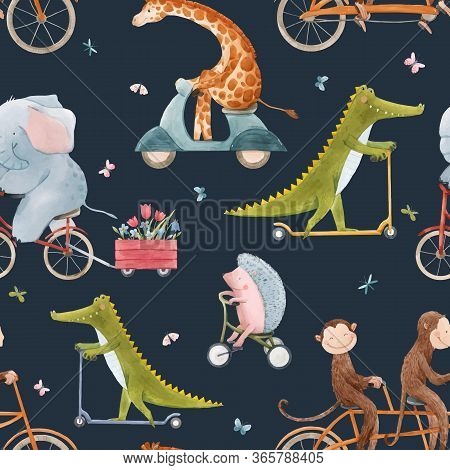 Beautiful Vector Seamless Pattern For Children With Watercolor Hand Drawn Cute Animals On Transport.