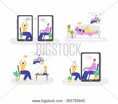 Psychological Servise Online, Personal Assistance. Upset People Calling To Psychologist. Doctor And 