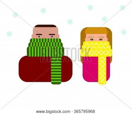 Colored Icons Man And Woman In Scarves In The Disease Season. Stop Virus Winter Vector Stock Illustr