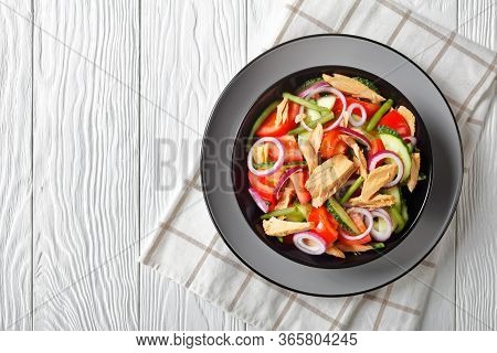 Diet Salad Of Vegetables With Canned Tuna: Tomatoes, Cucumber, Red Onion, And Green Bean Served On A